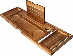 Bandeja de banheira de bambu de luxo, bandeja de banheira expansível de madeira de 109 cm, mesa de banho ajustável com almofadas antiderrapantes, presentes novos para casa de aniversário, inauguração