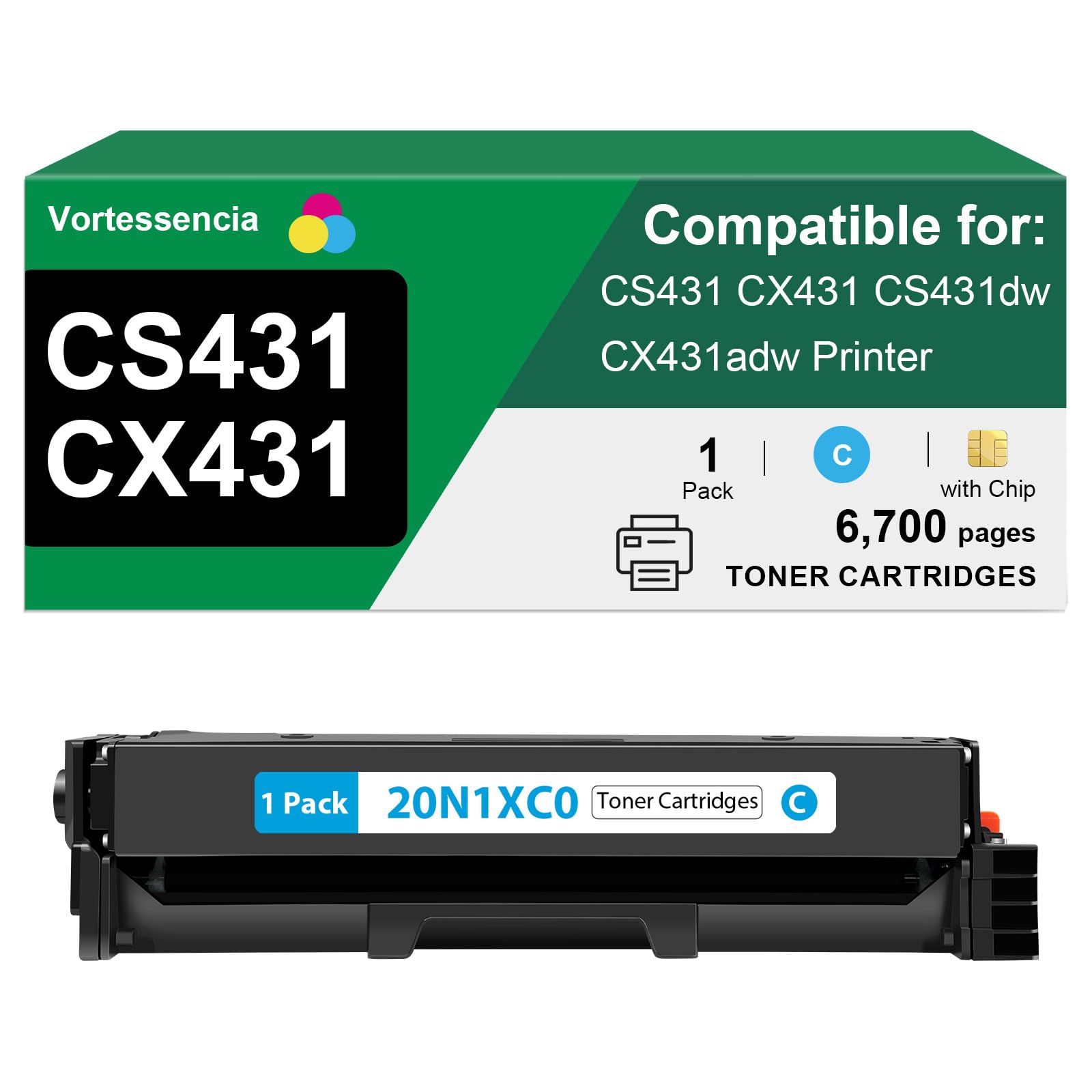 Vortessencia CS431 CX431 High Yield 20N1XC0 Toner Cartridges Compatible for Lexmark CS431 CX431 CS431dw, CX431adw Printer, 1 Pack 6,700 Pages