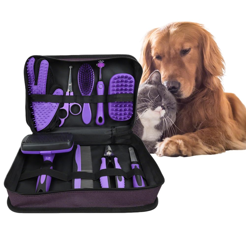 Lot de 9 brosses pour chiens et chats - Coupe-griffes avec lime, peigne démêlant, brosse de bain et shampoing - Accessoires de toilettage pour poils courts et longs