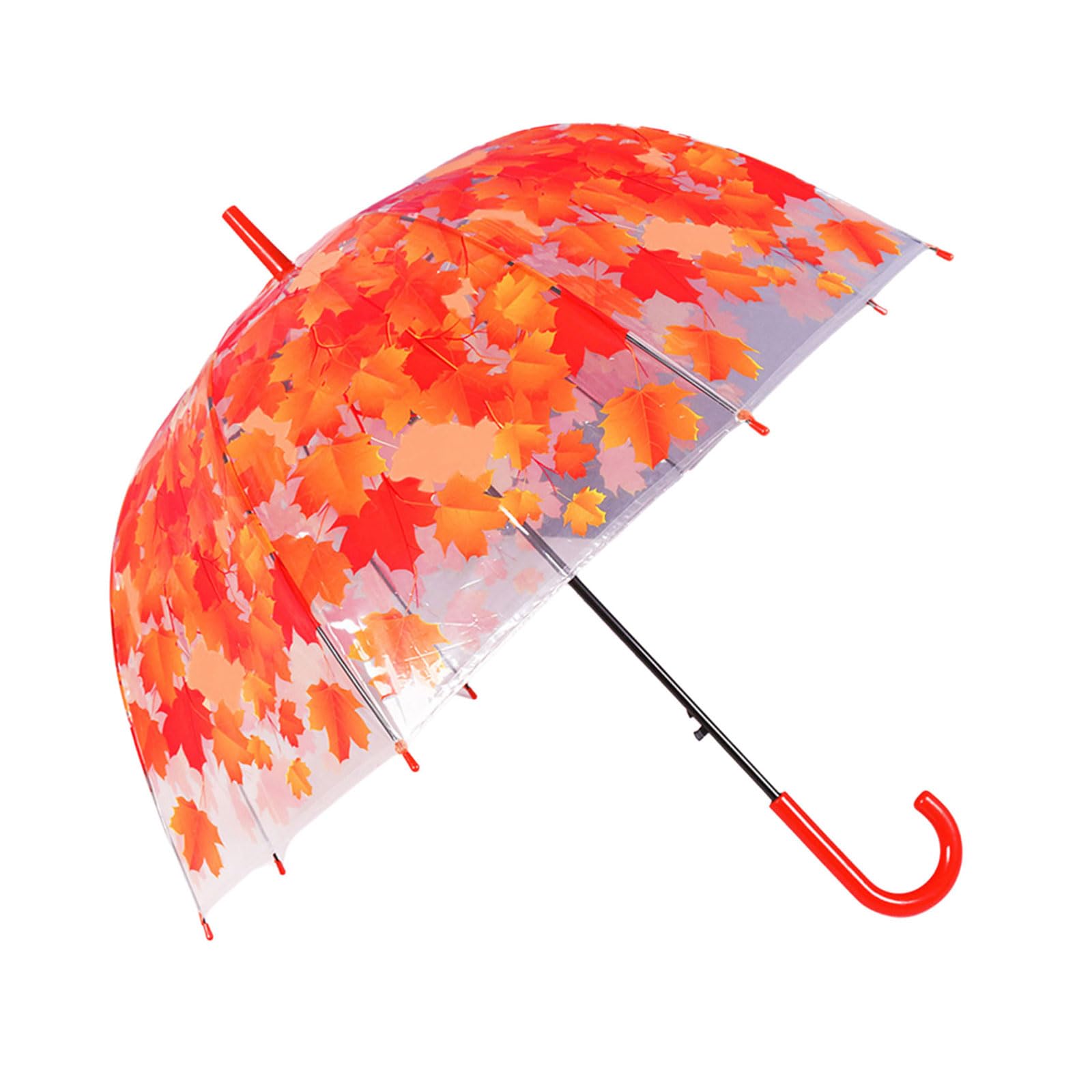 Pitadue Girls Red Rain Umbrellas Dome Birdcage Automatic Clear Bubble Umbrella With Leaf See Through Dome Canopy Windproof Stick Umbrella
