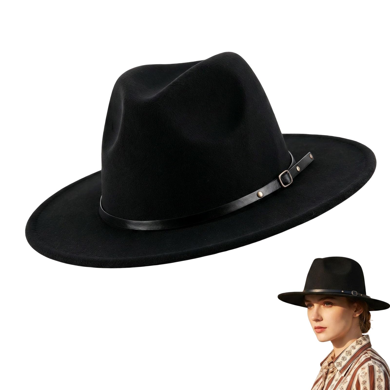 QUUPY Sombrero de jazz clásico para mujeres y hombres, sombrero estilo fedora de ala ancha con hebilla de cinturón de cuero, sombrero de fieltro de Panamá Gatsby, color negro