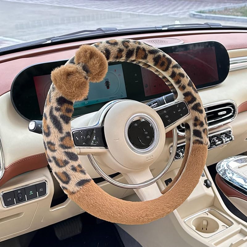 Leopard Print car Steering Wheel Cover Plush Winter Warm Non-Slip car Handle Cover Woman Steering Wheel Cover Gift for Sister's mom Teacher