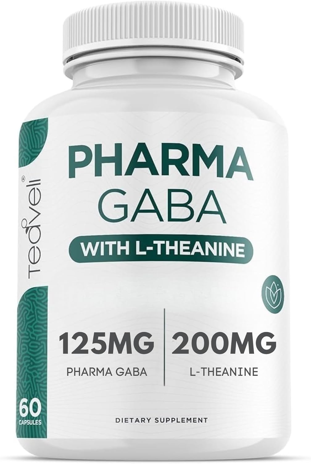 Teaveli Pharma GABA with L Theanine Supplement - 100mg PharmaGABA and 200mg L-Theanine - Clean Label - Supports Calm and Focus - No Additives or Preservatives – 60 Veggie Capsules