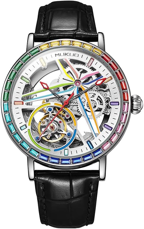 Luxury Self-Winding Automatic Mechanical Watches for Men, Rainbow Crystal Bezel, Skeleton Dial, Stainless Steel and Leather Band, Silver