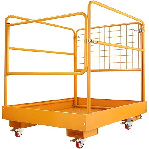 Forklift Safety Cage 36x36 Inches Forklift Work Platform 1200LBS Capacity with 4 Wheels Aerial Platform Collapsible Lift Basket Aerial Rails for Lifting Loader