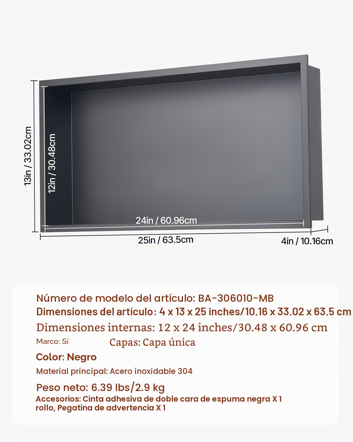 VEVOR Nicho de Ducha Empotrado 33x63,5x10,2 cm Estante Divisor de Pared de Acero Inoxidable Organizador de Jabón y Champú con Marco Sellado Impermeable Duradero Fácil de Instalar para Baño, Negro