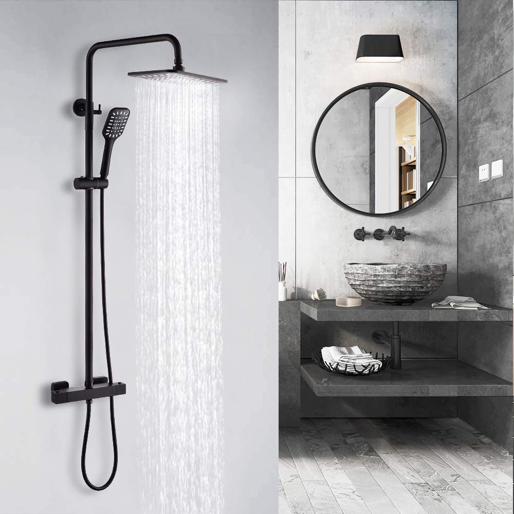 Système de douche noir encastré avec mitigeur et pommeau de 25 cm