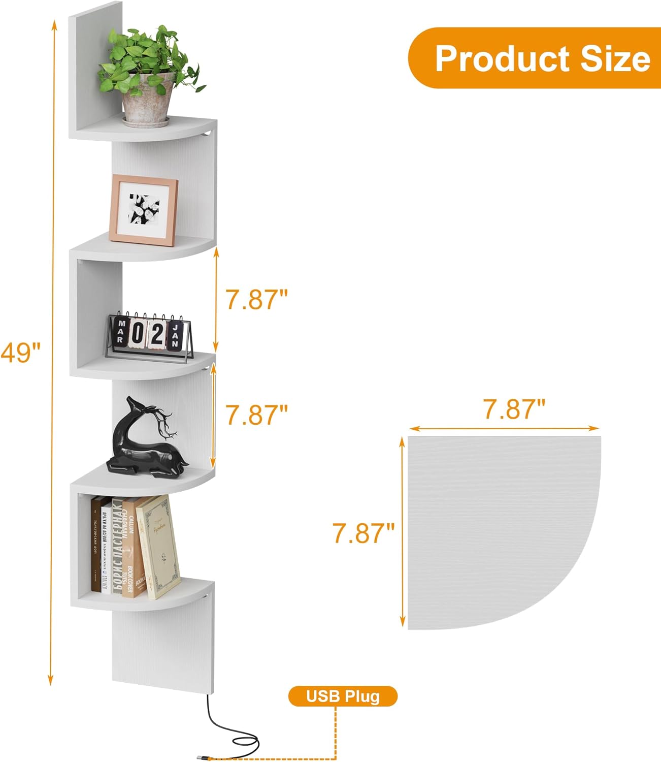 Qupui Corner Shelf Wall Mount with LED Light, 5 Tier Floating Corner Shelves, Plant Shelf for Bedroom, Floating Shelves for Wall, Display Stand for Living Room, Bathroom, Home Office, White