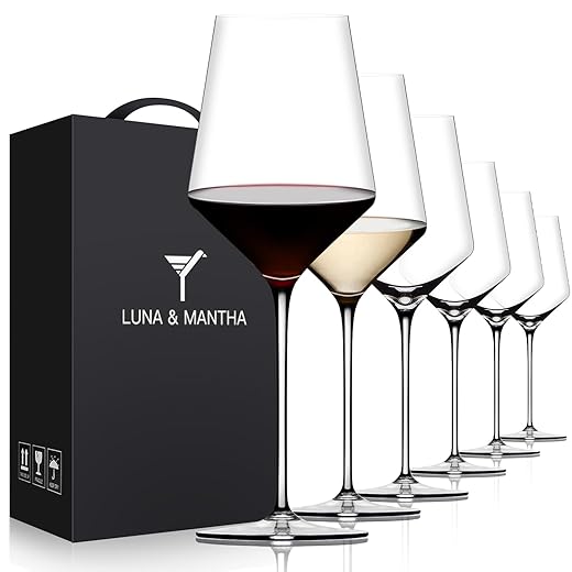 Red Wine Glasses Set of 6, Premium Crystal Wine Glasses Hand Blown, 15 oz,Thin Rim,Long Stem,Perfect for Red or White,Daily Use,Unique Wedding Anniversary or Birthday Gift