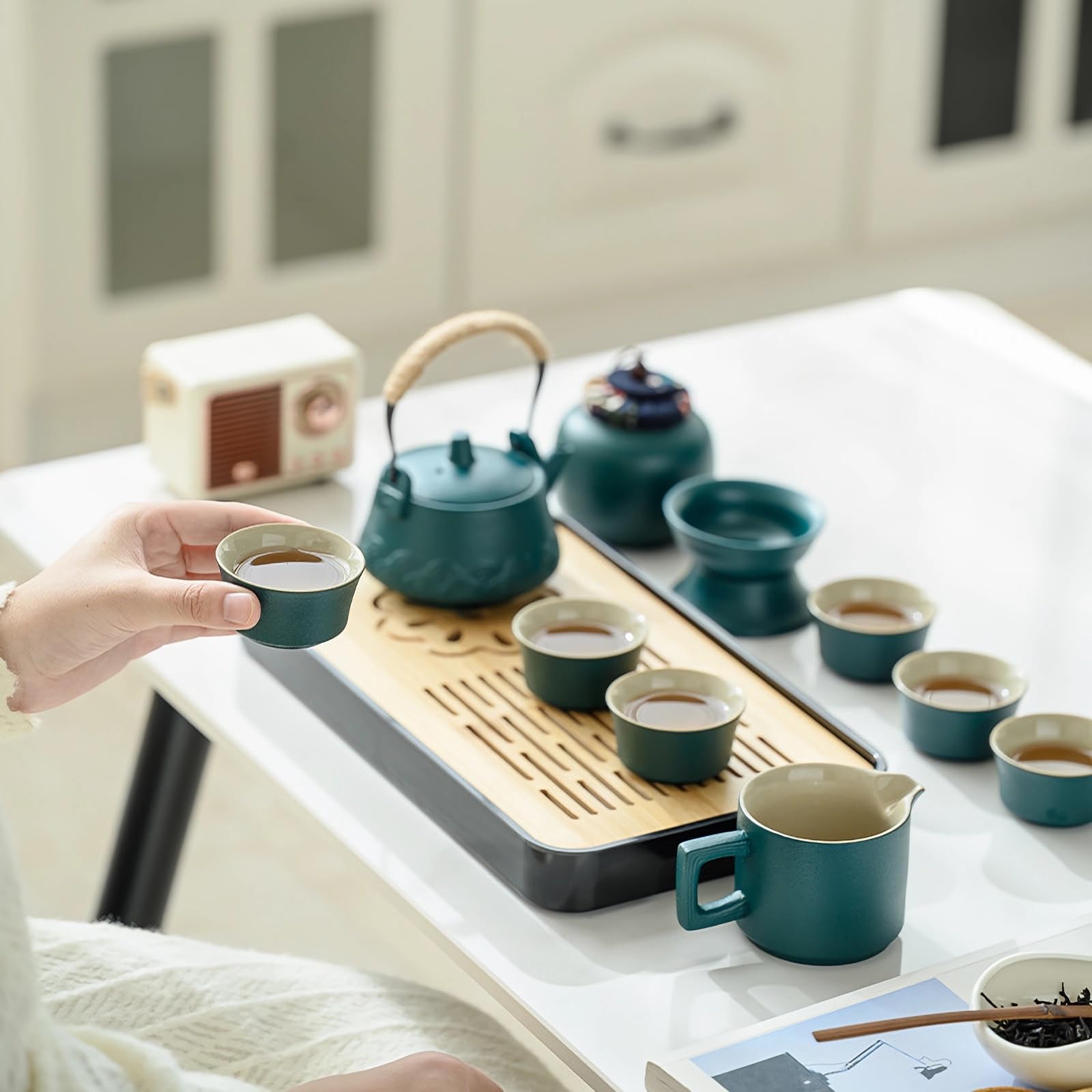 Tetera con colador, juego de té de porcelana, tetera de viaje chino y 6 tazas, mango de cuerda de cáñamo, juego de té para té suelto, regalo para los amantes del té, verde