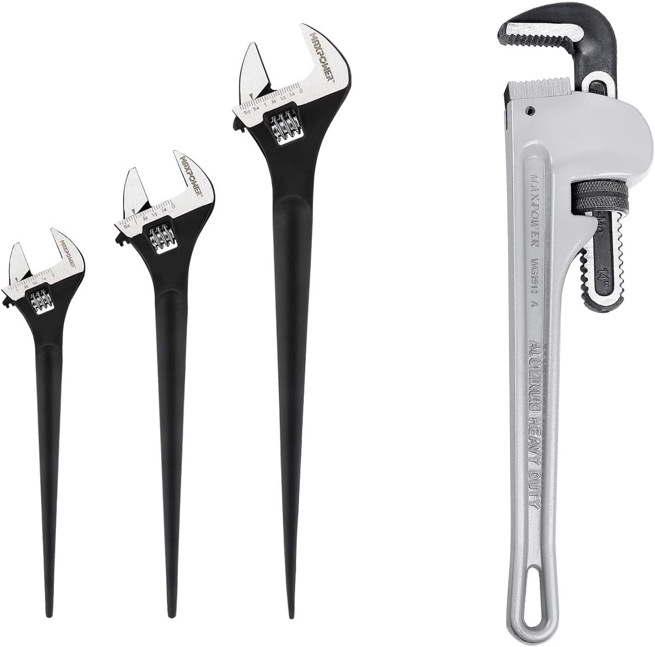 MAXPOWER 14-inch Pipe Wrench and 3Pcs Adjustable Wrench set