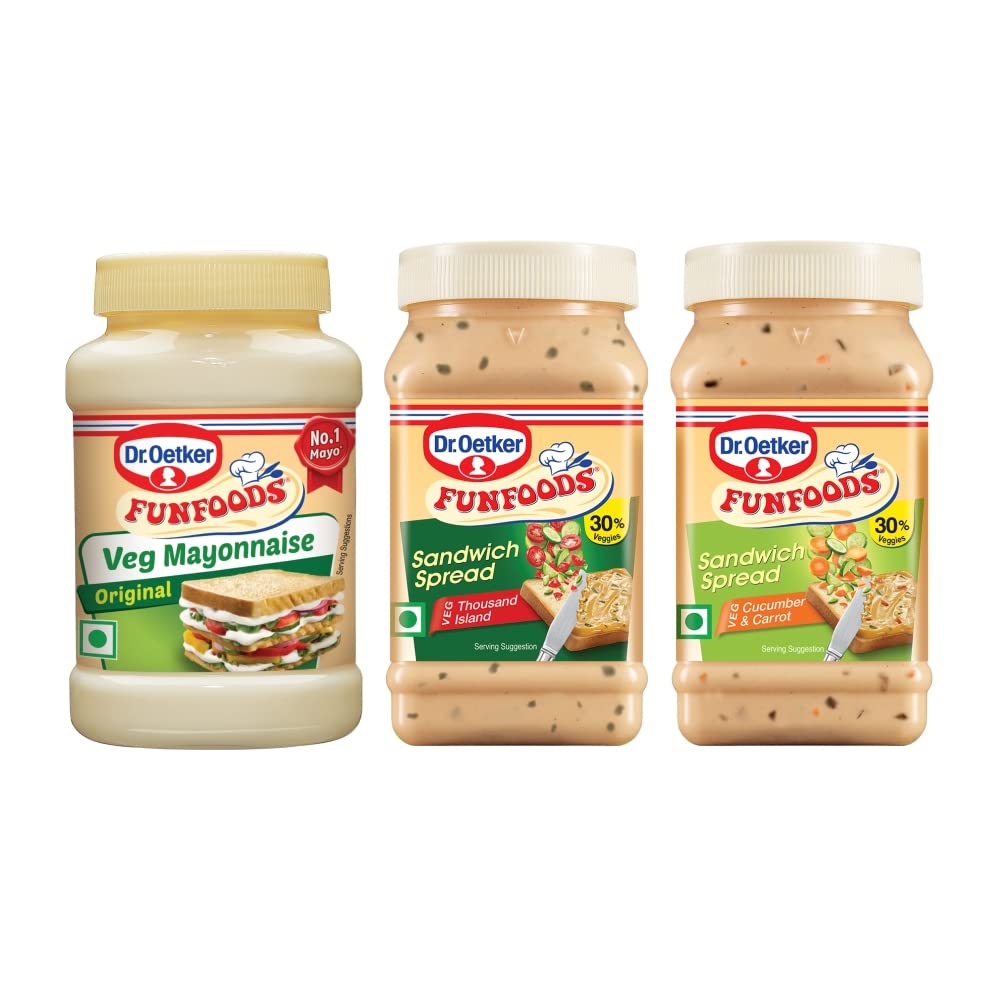 Dr. Oetker FunFoods Mayonnaise and Sandwich Spread Combo - Veg Mayo Original 250 Grams, Cucumber & Carrot Sandwich Spread 250 Grams and Thousand Island Sandwich Spread 250 Grams