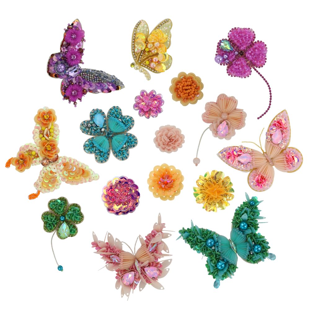 Exquisitos parches de flores y mariposas para coser, apliques de diamantes de imitación de lentejuelas para ropa, bolsos, sombreros, accesorios de bricolaje, 2 piezas (Q Mix, 16 piezas)