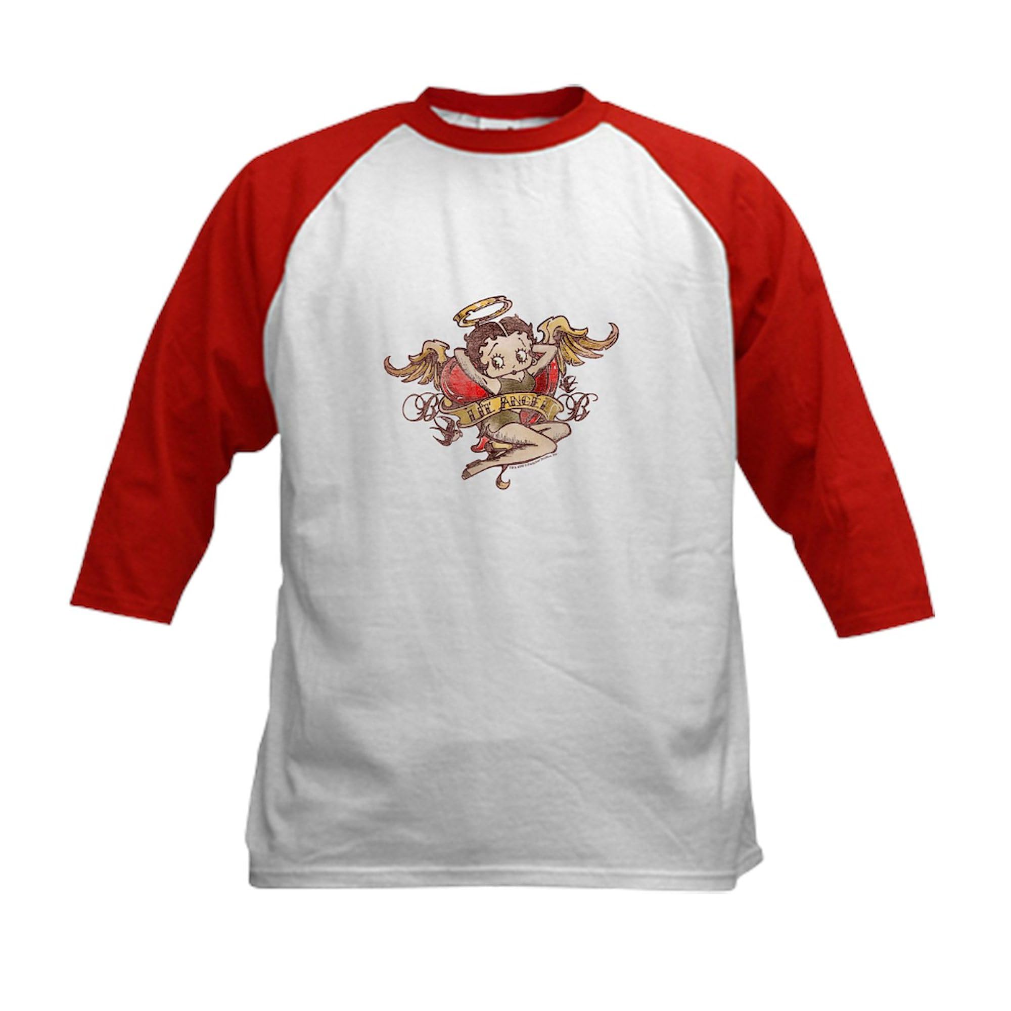 CafePress Betty Boop Tattoo Lil' Angel Kids Baseball T Shirt Kids Cotton Baseball Jersey, 3/4 Raglan Sleeve Shirt Red/White