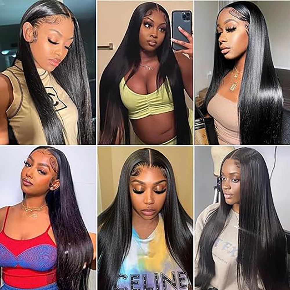 Parrucca Donna Capelli Veri Umani 13x1 Lace Front Wig Straight Human Hair Wig Natural Black Wig Pre Plucked with Baby Hair 180% Density Hair 32 Pollice