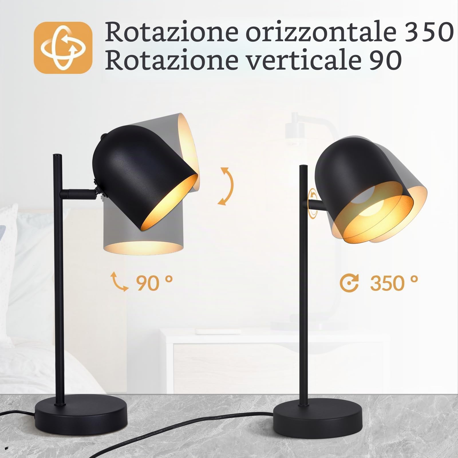 Lampada da tavolo lampada da comodino vintage retrò: lampada da tavolo da soggiorno industriale in metallo nero oro E14 lampada da comodino rustica con cavo lampada da letto - senza lampadina