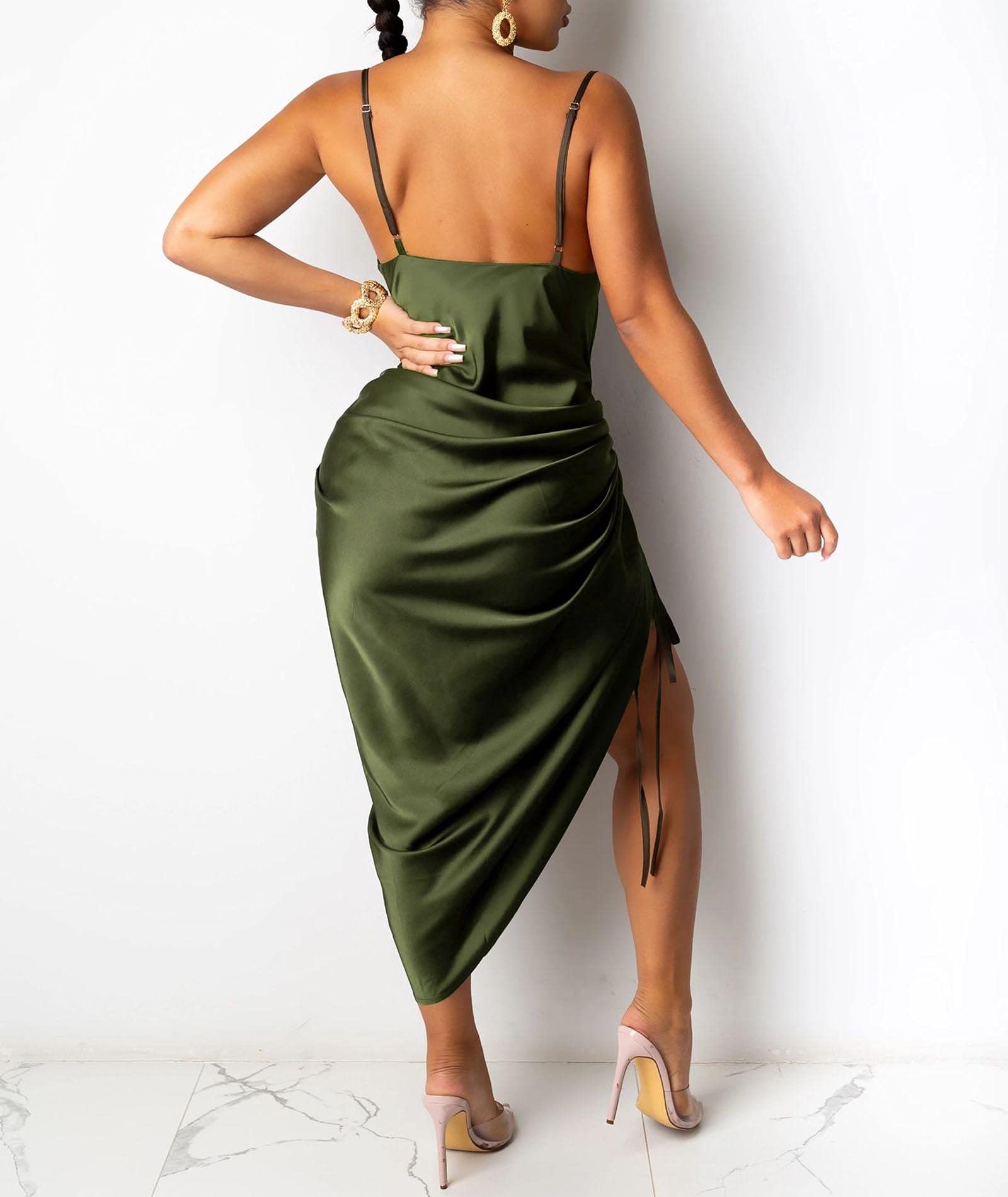 xxxiticat Women's Spaghetti Strap Satin Dress Sleeveless Cowl Neck Draped Slit Lace Up Drawstring Ruched Cocktail Midi Dress