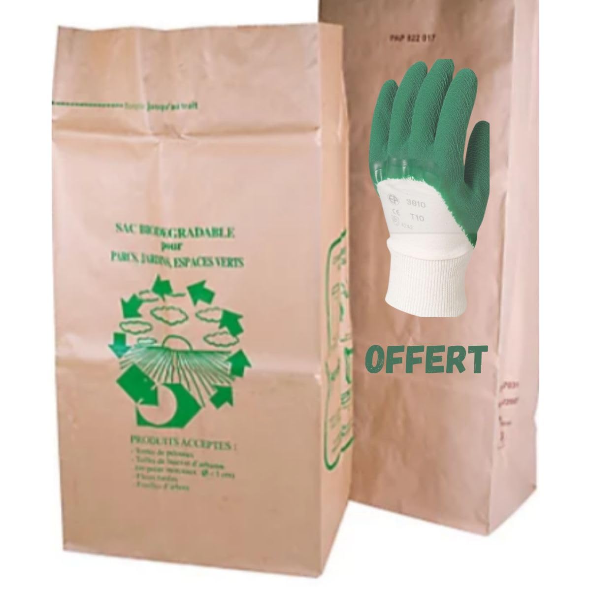 Juego de bolsas de residuos vegetales 100 L | Papel Kraft ultrarresistente | Par de guantes de jardín ofrecidos | Ideal para jardines familiares y mantenimiento de casas individuales (25)