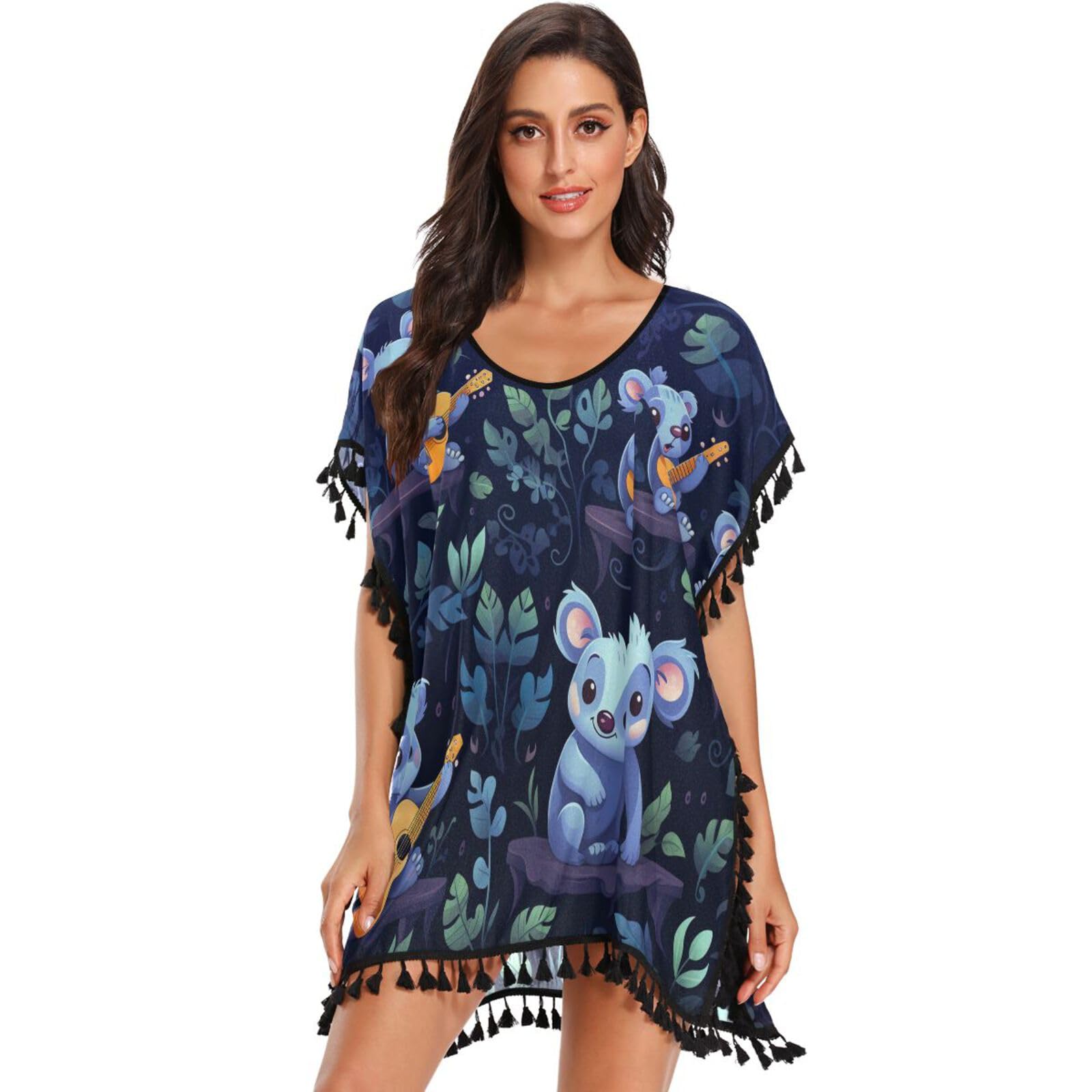 Cute Forest Animal Koala Women's Beach Cover Up Chiffon Tassel Swimwear Swimsuit Coverups for Girl