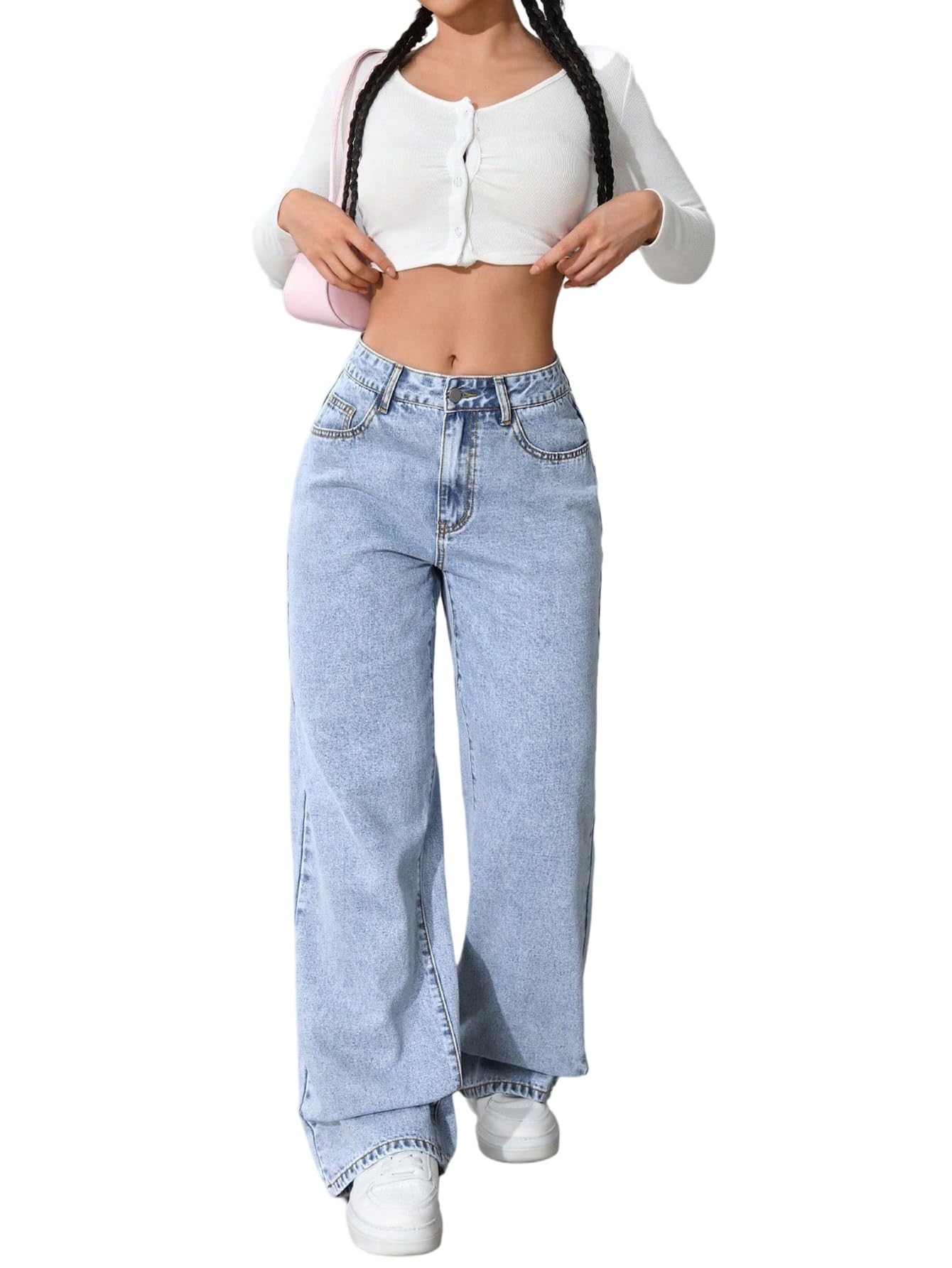 SweatyRocks Jeans da donna eleganti jeans da donna a vita alta, jeans in denim con chiusura lampo, pantaloni a gamba larga, con tasche