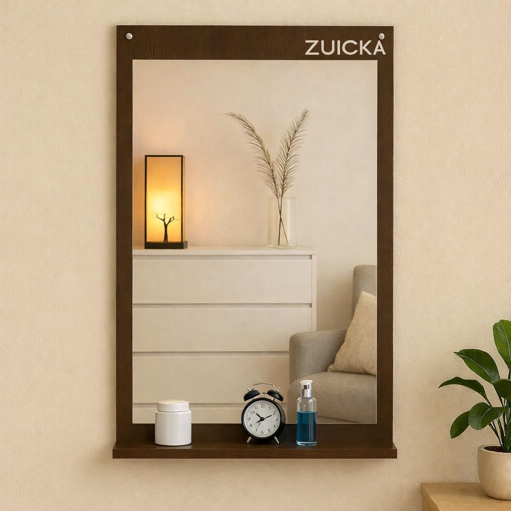 Wall Mounted Dressing Mirror with Storage Shelf | Wooden Vanity Mirror for Bedroom, Living Room & Bathroom | Decorative Wall Mirror Organizer Rack | Modern Home Décor Mirror Shelf | Dark Wenge-image-32