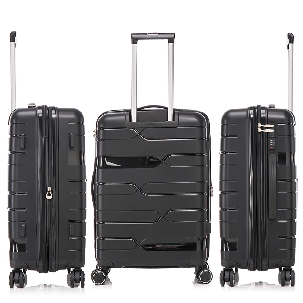 1990s Juego de Maletas expandibles Polipropileno 3 Piezas|Maleta Cabina 55x38x22cm|Mediana expandible 65cm|Grande Extensible 75cm (Negro)