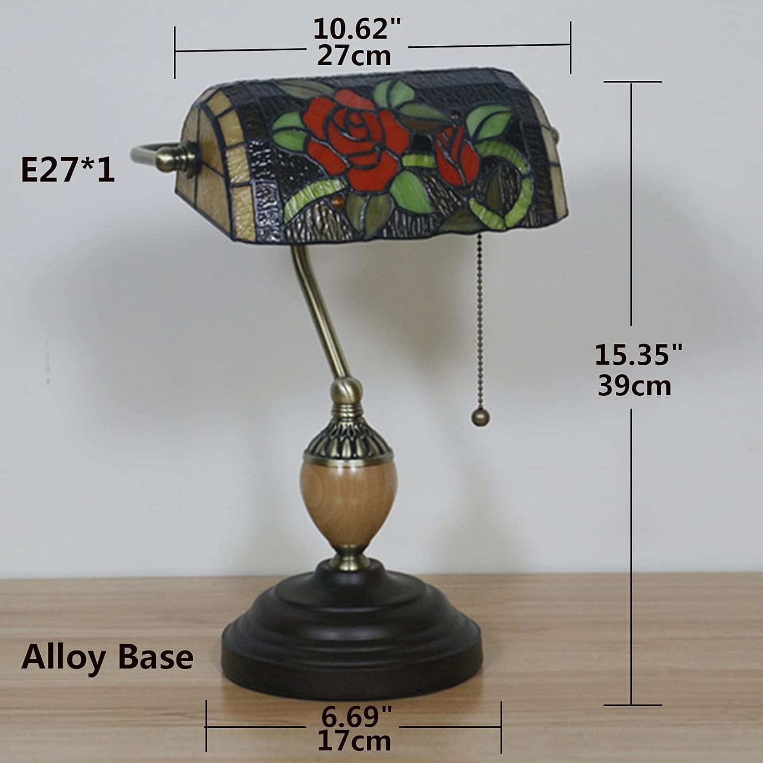 Lampa bankierska w stylu vintage Lampa stołowa w stylu Tiffany'ego Lampa na biurko z fortepianem Antyczna podstawa ze stopu Lampka nocna do sypialni Salon Witraż, złoty (czerwona róża)
