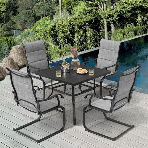 Image of NUU GARDEN 5-Piece Outdoor Dining Set, All Weather Outdoor Padded Textilene Patio Chairs and Square Dining Table with Umbrella Hole for Backyard, Patio, Garden, Deck, Light Black and Grey
