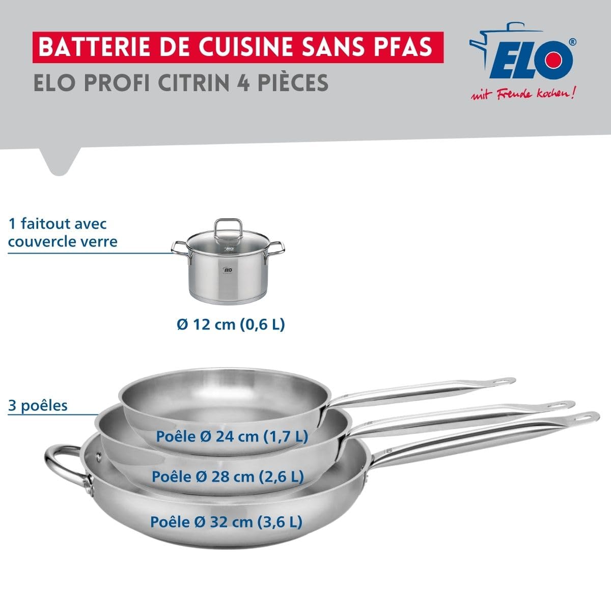 Elo Batterie de cuisine 3 poêles 24/28/32 cm et 1 faitout 12 cm