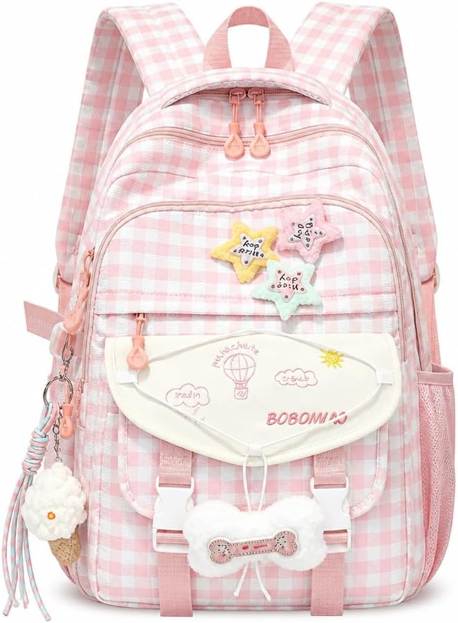 Pink Checkered Letter Print Backpack Tote Set for School Women (pink(backpack))