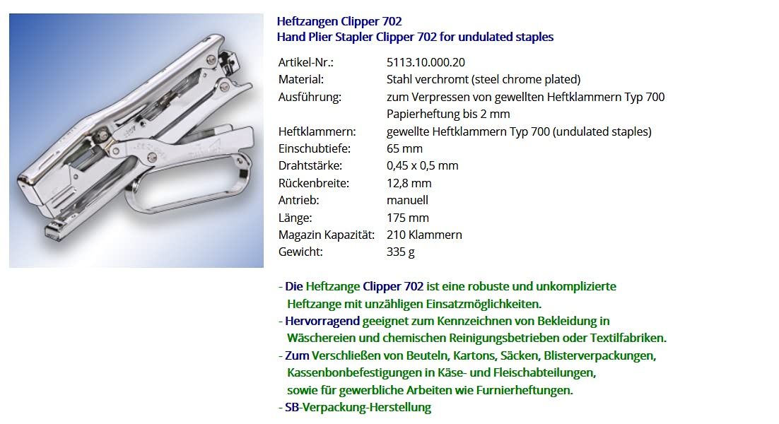 Generisch Heftzangen Clipper 702 Stapler, Stahl, 175 mm, 210 Klammern, Manuell