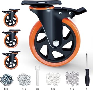 SOCHER 5 Inch Plate Caster Wheels, Heavy Duty 5” Casters Set of 4 with Brake,No Noise Polyurethane Wheels and Safety Dual Locking casters, Swivel Plate Castors (Two Hardware Kits)(5 inch)