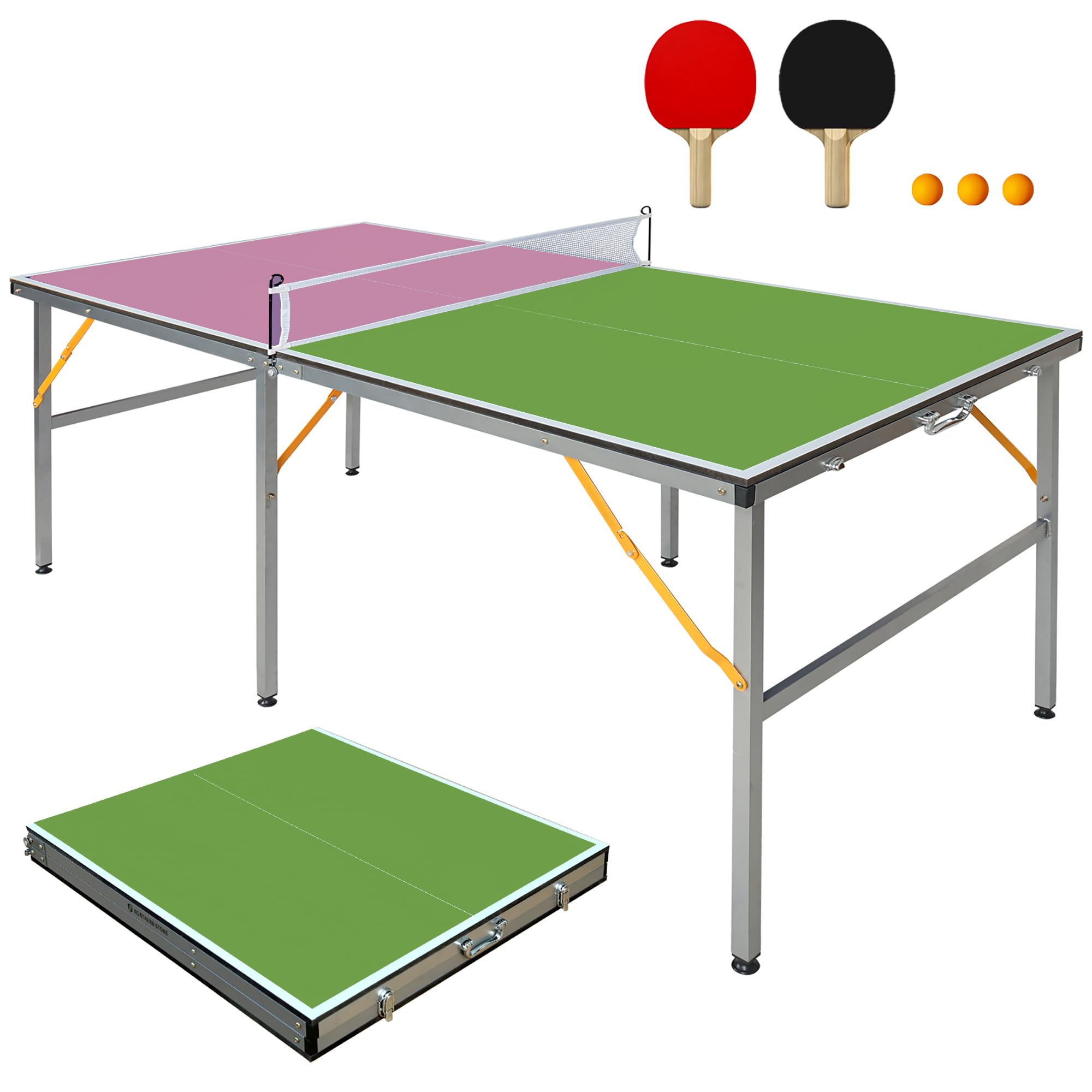 GYMFLEX Foldable Table Tennis Table, Indoor & Outdoor Ping Pong Table, Compact Fold Away Design with Net, Posts & 2 Bats for Family Leisure & Training (Green and Pink)