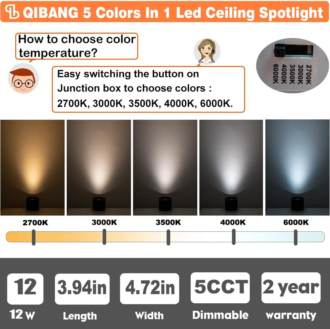 12W 5CCT Modern Led Ceiling Spotlights Indoor Dimmable 2700K-3000K-3500K-4000K-6000K Selectable,4.72" Cylinder Ceiling Light CRI 95+ Mini Led Spot Lights Fixtures, Black 2 Pack