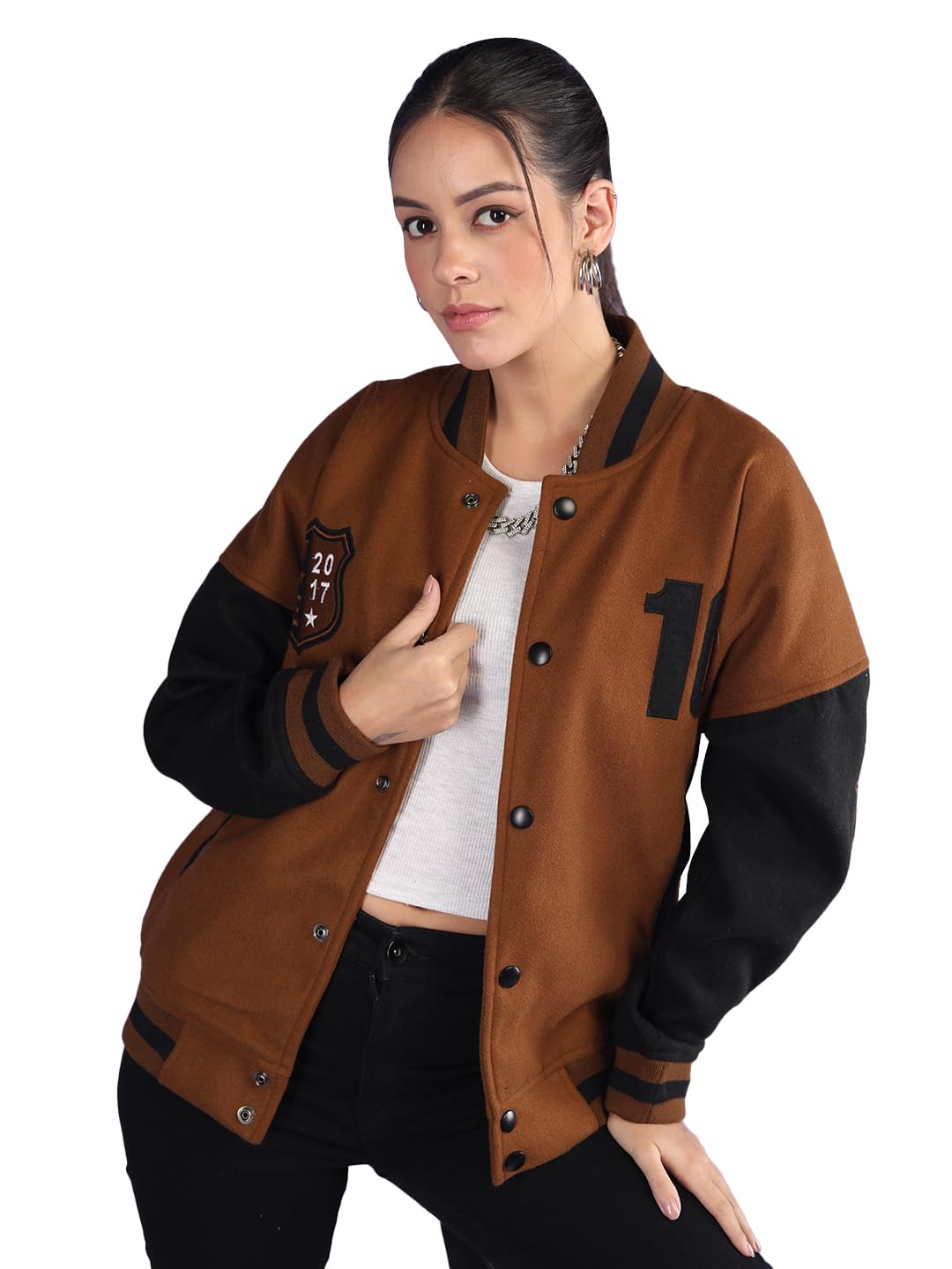 chkokko Women’s Oversized Varsity Jacket with Patch Detail and Snap Button Closure Trendy Comfortable Outerwear for College Travel and Casual Use-picture-31