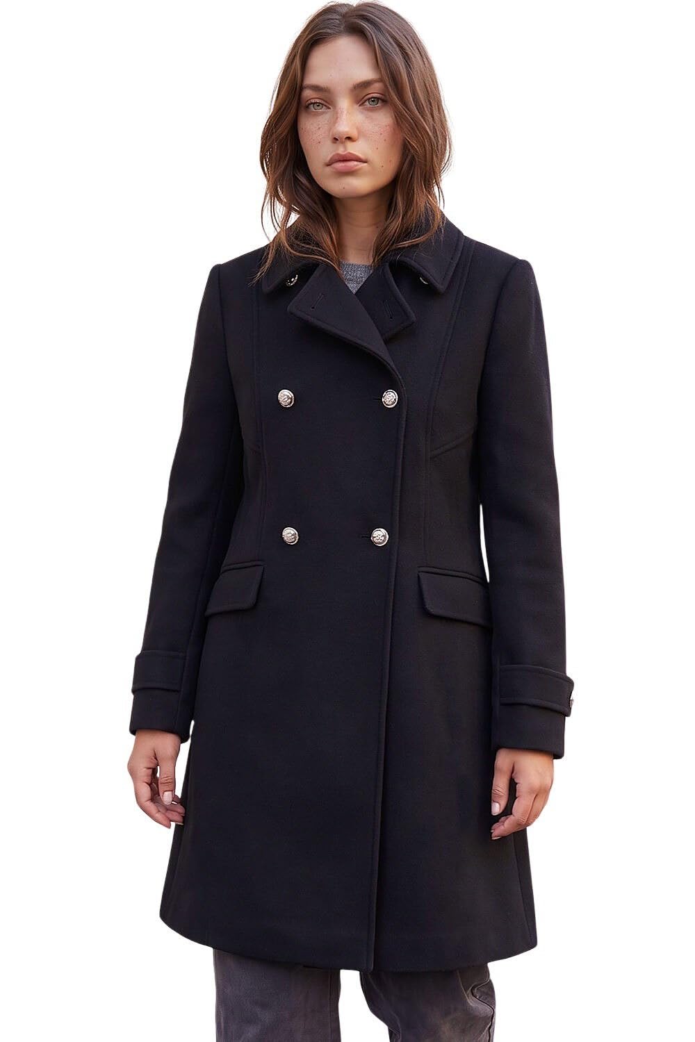 Roman Originals Women's Black Double Breasted Military Coat For Uk - Everyday Holiday Autumn Winter Long Sleeves Comfy Soft Evening Vacation Work Smart Party - Size 12