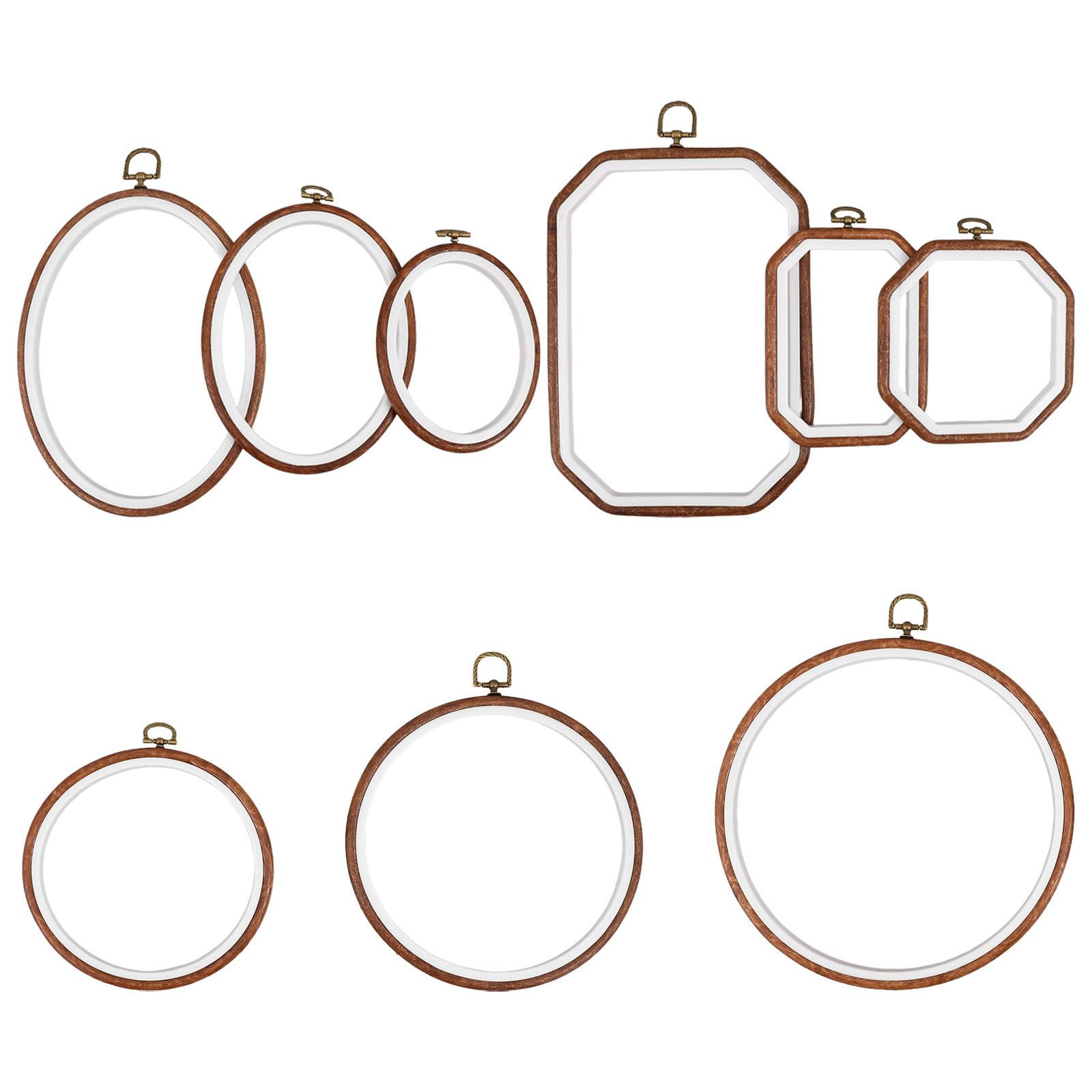 HEMOTON 9 Piezas Aros de Bordado para Punto de Cruz con Acabado Imitación Madera, Marco Redondo y Ovalado de Pvc y Metal, para Manualidades y Decoración Colgante