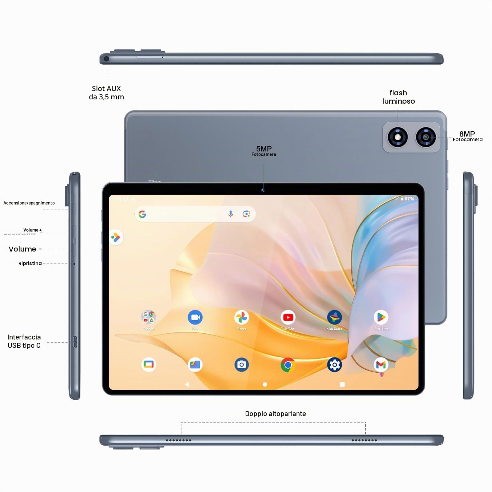 Tablet Android 10 pollici, 22 GB RAM + 128 GB ROM, Widevine L1, grigio