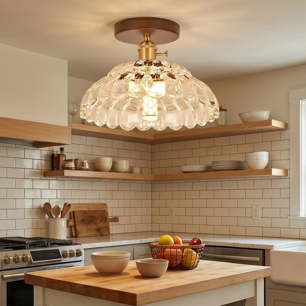 Nowoczesna lampa sufitowa ze szkłem, półwpuszczany żyrandol w stylu vintage, z podstawą z drewna orzechowego, zapiekanka lampa sufitowa z połowy wieku do przedpokoju, przedpokoju, garderoby, sypialni