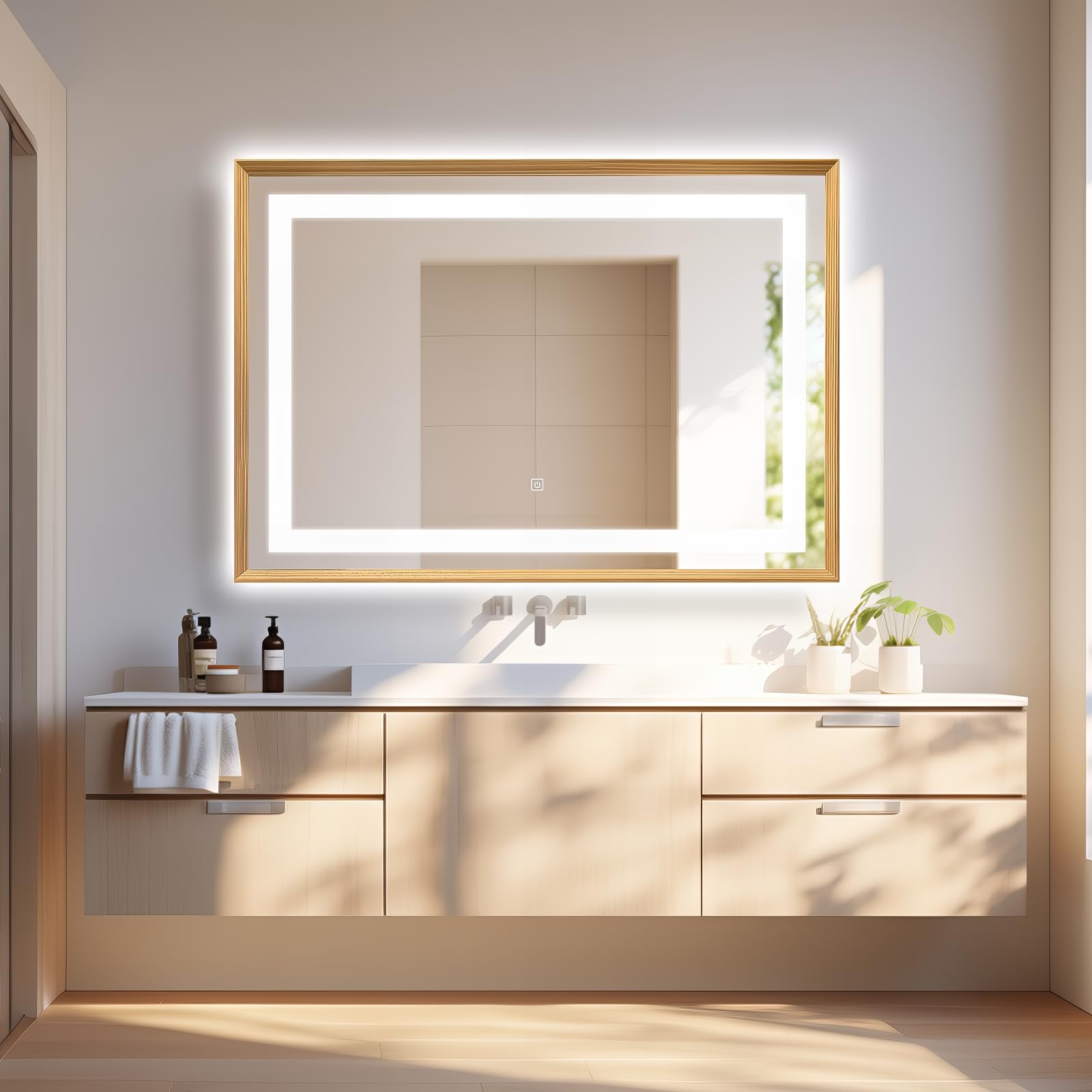 Specchio da parete a LED 70 x 100 cm con cornice in legno – Illuminazione incorporata luce calda o bianca – Pulsante touch, funzione disappannamento e striscia LED impermeabile – ideale per