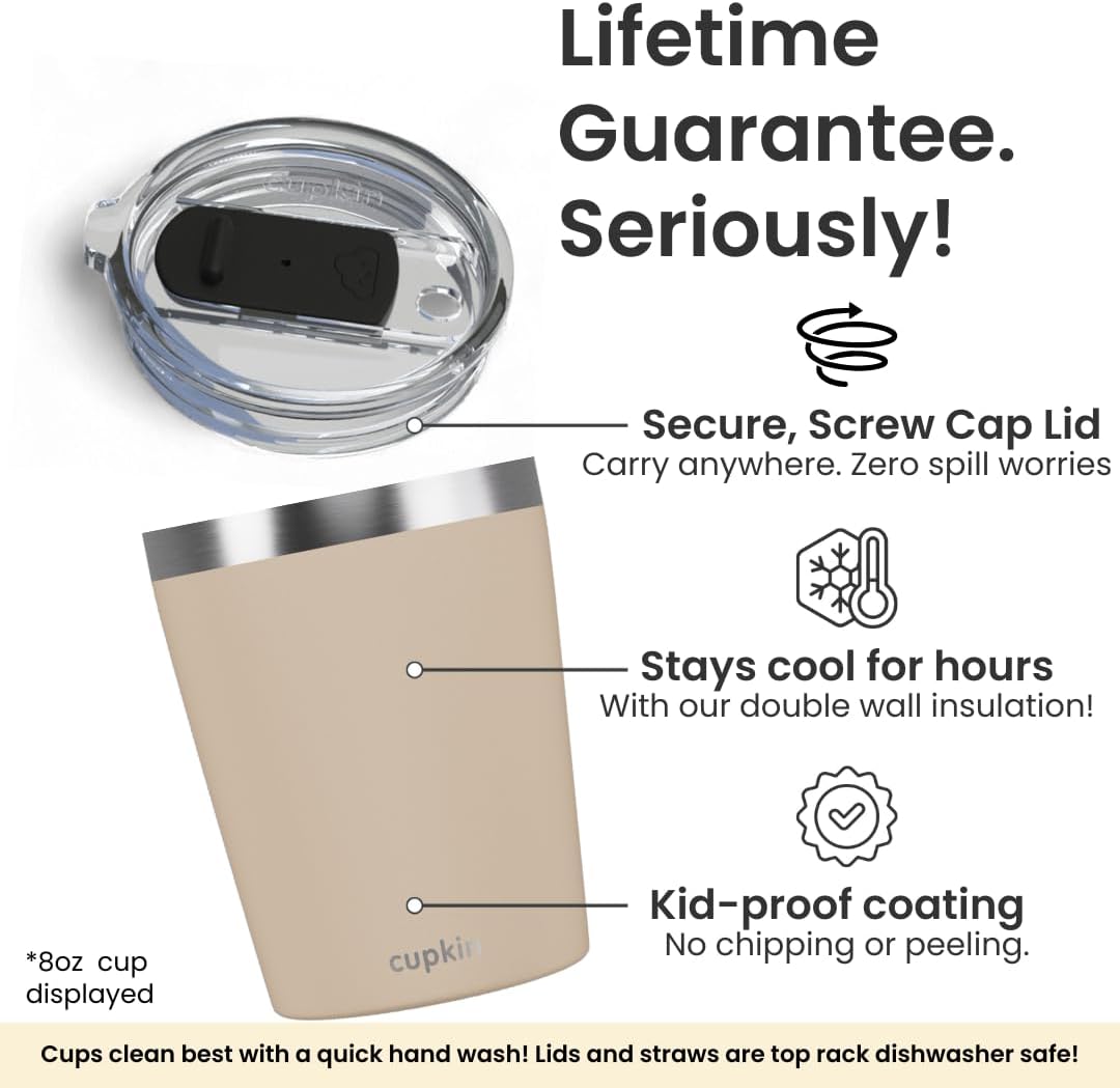 CUPKIN Toddler Tumblers, The Original 12 oz Stackable Stainless Steel Cups, Set of 2 Powder Coated Insulated Kids Water Bottle Alternative + BPA Free Lids + Reusable Silicone Straws (Brown + Peach) - Image 3