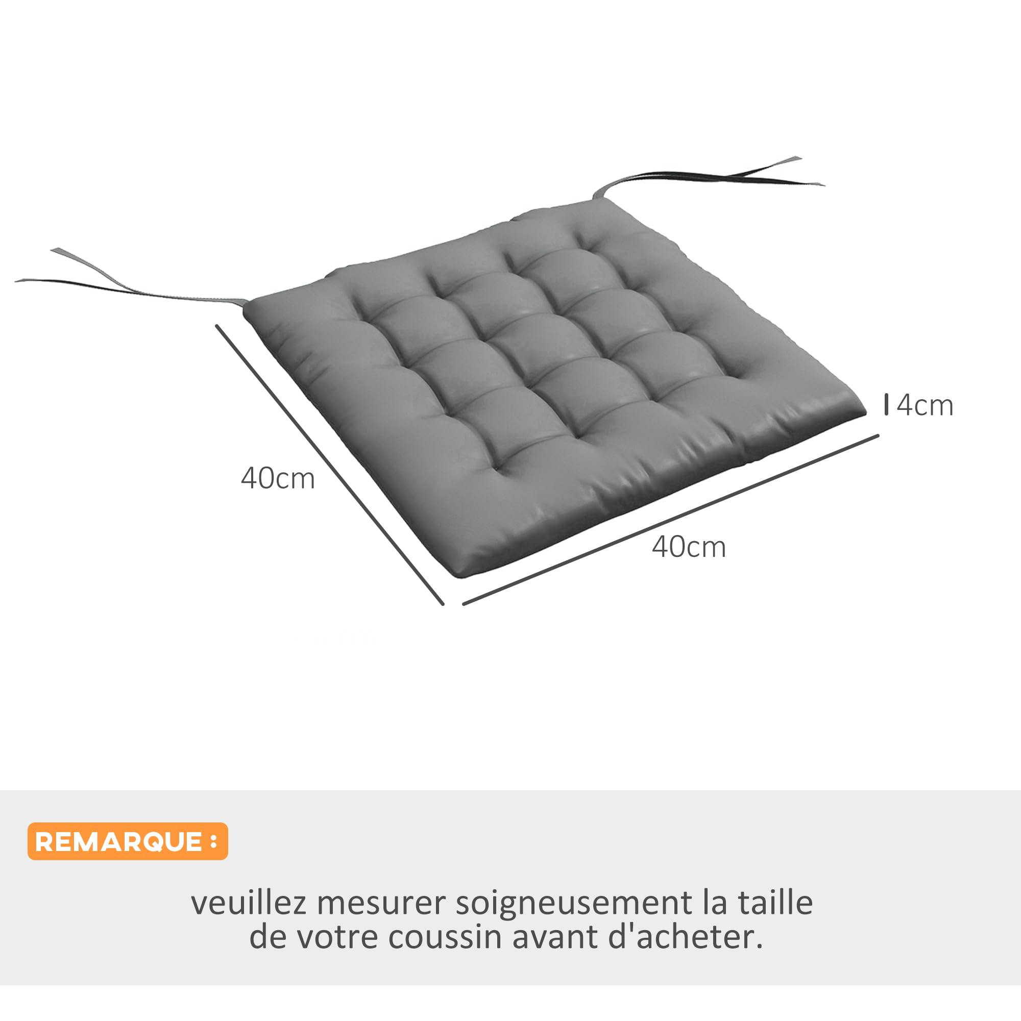 Outsunny Lot de 6 Coussins de Chaise Jardin Capitonné 42x42cm Gris Foncé | Coussins Extérieur, Grand Confort, avec Attaches, Galette Chaise Exterieur