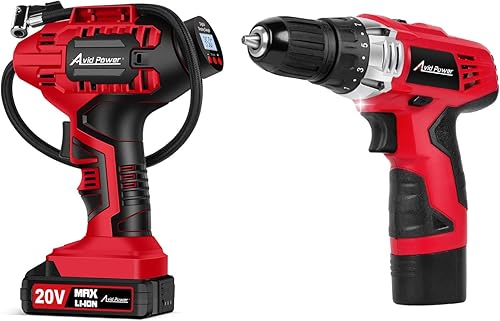 AVID POWER Paquete de compresor de aire inflador de neumáticos con juego de taladro inalámbrico de 12 V con 22 piezas de destornillador de