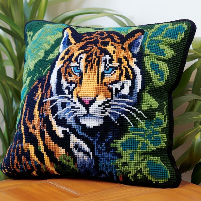 White Tiger & Rose Latch Hook Pillow Kit - 17x17 Inch DIY Throw Pillow Cover With Preprinted Canvas