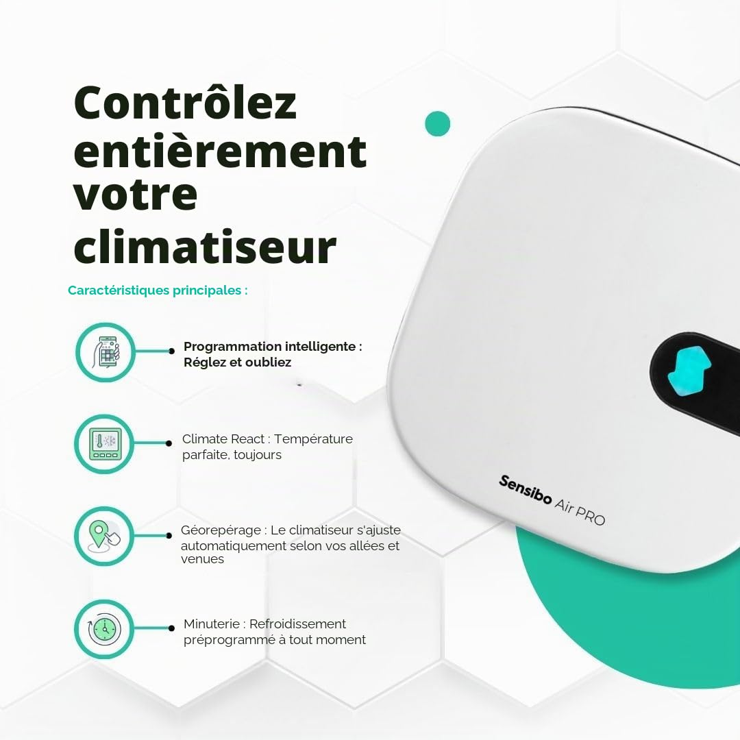 Sensibo Air PRO - Contrôleur intelligent pour climatiseur et capteur de qualité de l'air. Capteurs de temp. et humid. Thermostat pour climatiseur split, fenêtre. Google, Alexa, Siri, Apple HomeKit
