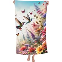 Vibrant Hummingbird Beach Towel, 32x52in Microfiber Quick Dry Colorful Floral Butterfly Wildflower Bath Towels, Soft Lightweight Oversized Sand Free, for Travel Pool Swimming Gym Decor, Gifts