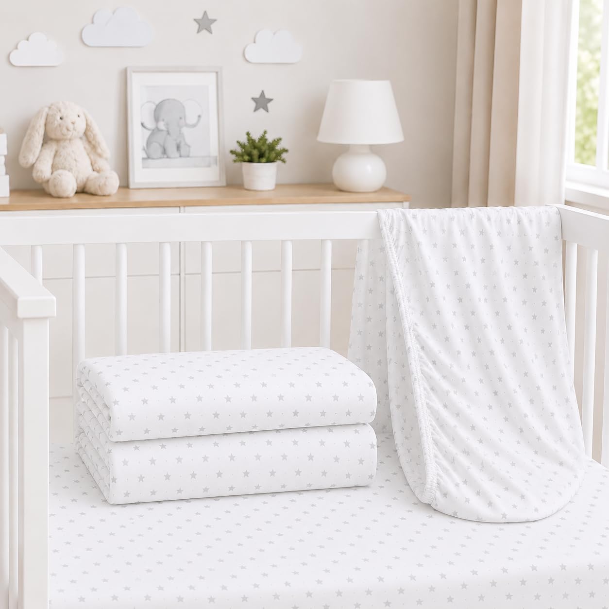 BABYMAM 2 Pack Cot Sheets 100% Jersey Organic Cotton 120x60cm Fitted Sheet Bedding Baby Bed Soft Breathable (Small grey stars on white)