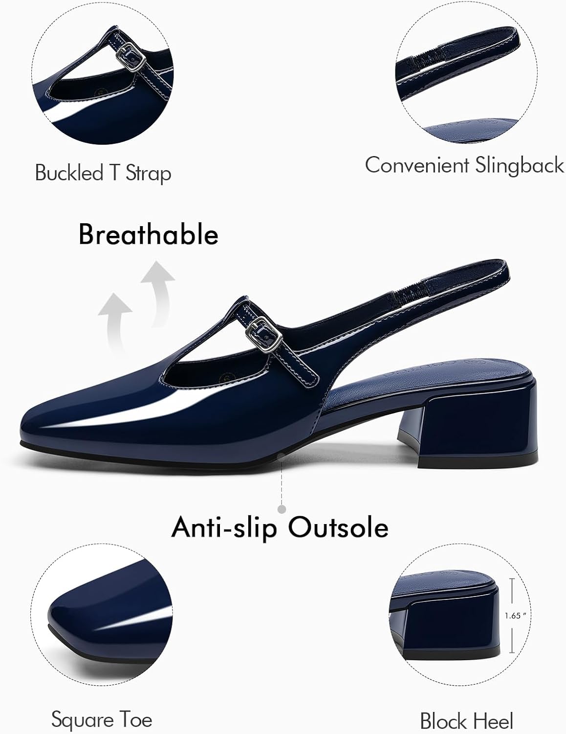 Coutgo Womens Mary Jane Slingback Low Heels T Strap Chunky Heel Closed Toe Pumps Wedding Party Dress Shoes - Image 5