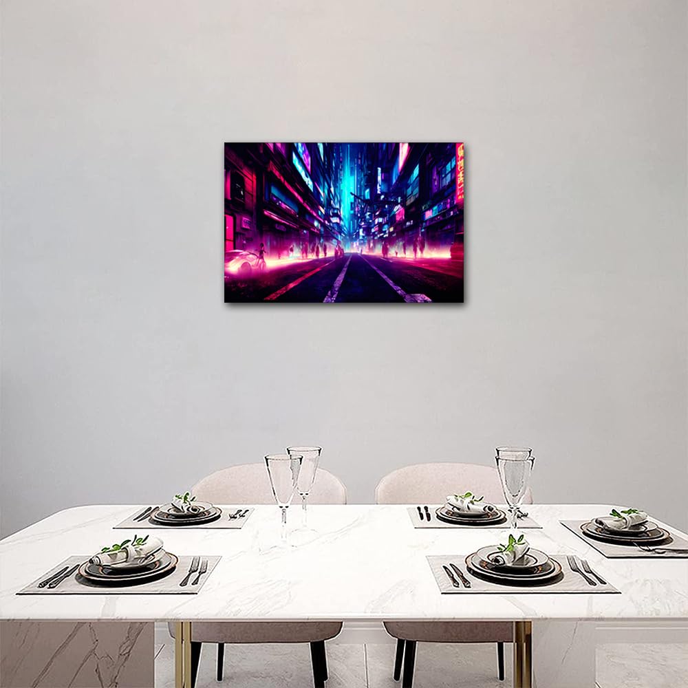 Contemporary Art Cyberpunk Style Pictures Office Decor 1 Pieces Cyberpunk City Street Night View Futuristic City Neon Lights Wall Decor for Living Room Modern Artwork Framed Ready to Hang 18x12 in - Image 2