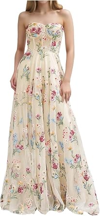 Floral Tulle Prom Dresses Long Strapless Corset Formal Dress A Line Embroidery Evening Party Gowns